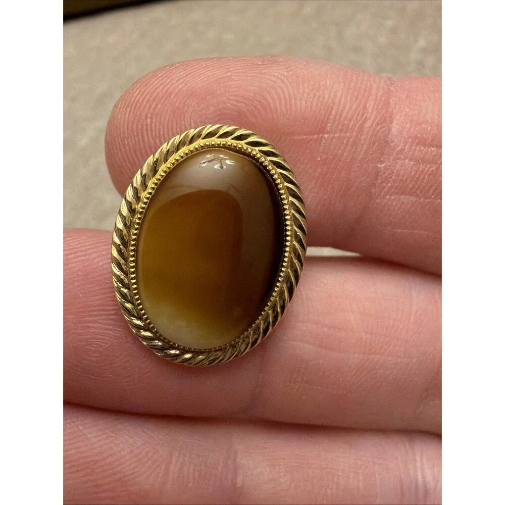 Vintage Agate Marble Rope Border Yellow Gold Plated Cuff Links